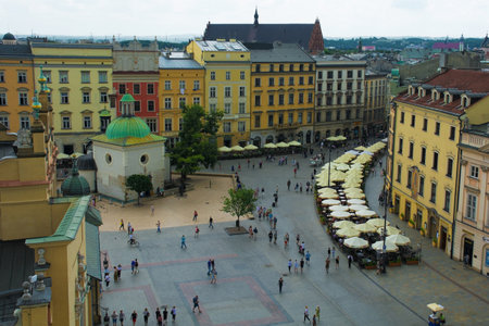 Krakow, Poland - July 9th 2018. The historic Rynek Glowny square in old town Krakow viewed from the Town Hall Towerのeditorial素材