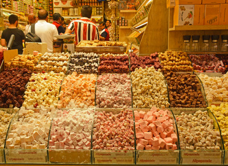 Istanbul, Turkey - September 16th 2019. Tourists shop for Turkish Delight in the historic Egyptian Spice Bazaar in Eminonu, Fatih, Istanbul, also known as Misir Carsisiのeditorial素材