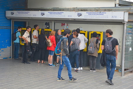 Istanbul, Turkey - September 16th 2019. Travellers and commuters top up their Istanbulkarts at the...