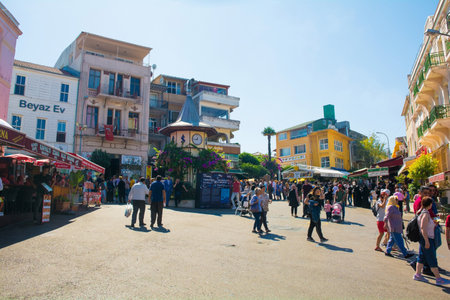 Buyukada, Turkey - September 18th 2019. A busy square in Buyukada, one of the Princes' Islands, also known as Adalar, in the Sea of Marmara off the coast of Istanbul, Turkey.のeditorial素材
