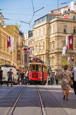 Istanbul, Turkey - September 9th 2019. The famous Nostalgic Tram running from Taksim to Tunel along Istiklal Cadessi in Beyoglu, Istanbul.のeditorial素材