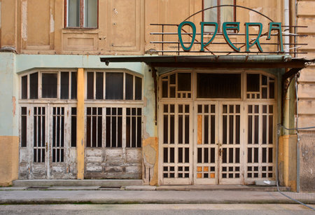 Rijeka, Croatia - December 25 2019. An old theatre stands closed and derelict in the centre of the coastal city of Rijeka in Primorje-Gorski Kotar, Croatiaのeditorial素材