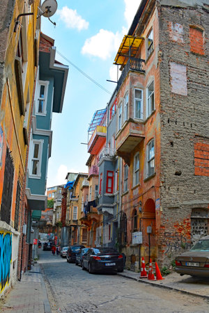 Istanbul, Turkey - September 7th 2019. A small residential street with traditional housing in the Fener Balat district of Istanbulのeditorial素材