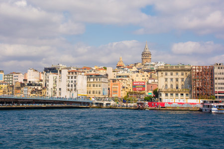 Istanbul, Turkey - September 19th 2019. The Galata Bridge and Galata Tower in the Beyoglu side of Istanbul viewed from the Fatih shore.のeditorial素材