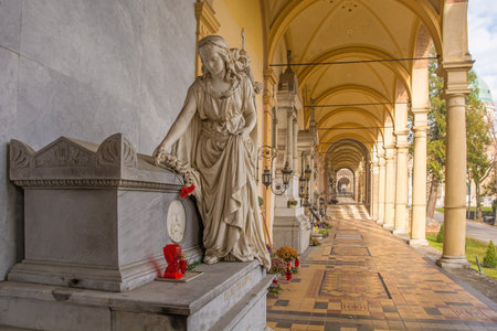 Zagreb, Croatia - December 30th 2018. An arcade in the historic Mirogoj Cemetery in the Croatian capital Zagrebのeditorial素材