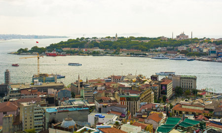Istanbul, Turkey - September 9th 2019. A view of Istanbul from Galata Tower in Beyoglu looking towards Sultanahmet, with Hagia Sofia on the right and Topkapi Palace on the leftのeditorial素材