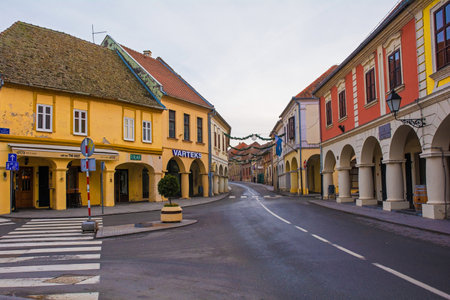 Vukovar, Croatia - January 1st 2019. One of the main streets in the centre of Vukovar in Vukovar-Srijem Country, Slavonia, eastern Croatia. It is New Year's Day, and the streets are desertedのeditorial素材