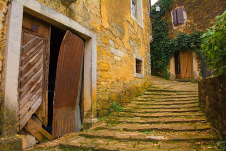 A street in the historic hill village of Oprtalj in Istria, Croatiaの写真素材