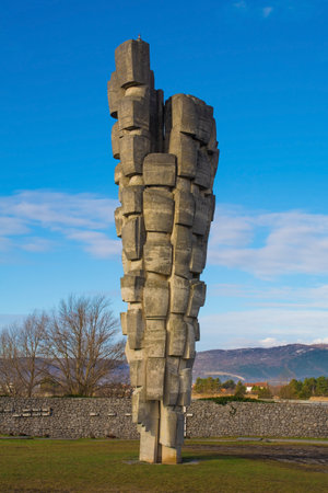 A Yugoslav era war memorial at Podhum in the Primorje-Gorski Kotar county of Croatia. It is entitled Monument to the Victims of Fascism, and commemorates victims executed by Italian occupying forces during the Second World War.のeditorial素材