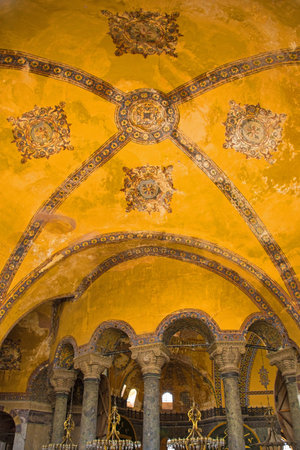 The ceiling of Ayasofia or Hagia Sofia in Sultanahmet, Istanbul, Turkey. Built in 537 AD as a church, it was converted into a mosque in the mid-1400s. Taken from the upper galleryのeditorial素材