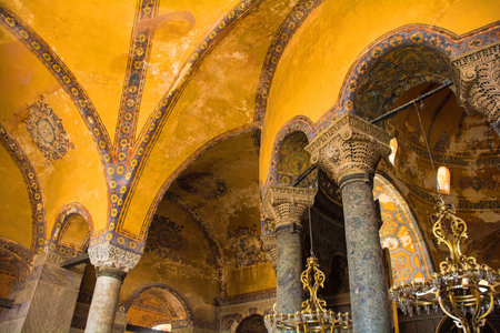 the upper gallery in Ayasofia or Hagia Sofia in Sultanahmet, Istanbul, Turkey. Built in 537 AD as a church, it was converted into a mosque in the mid-1400s.のeditorial素材