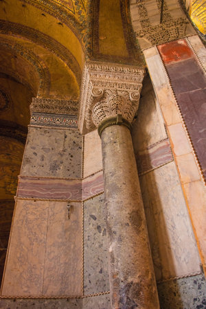A wall and column in Ayasofia or Hagia Sofia in Sultanahmet, Istanbul, Turkey, taken on the ground...