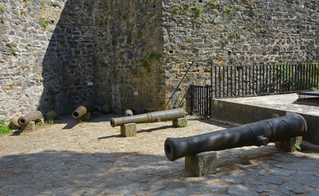 Nineteenth century bronzo Ottoman cannons in the grounds of the 15th century Rumeli Hisari fort in the Sariyer district of Istanbul, Turkeyのeditorial素材