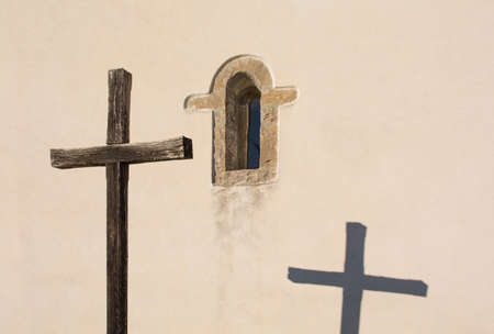 Window in an old historic church near the village of Golo Brdo in  the Brda municipality of Primorska in Sloveniaの写真素材