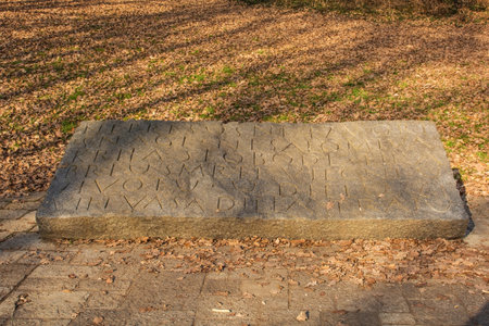 Zagreb, Croatia -  December 30th 2018. A plaque, part of a Yugoslavia era war memorial in the Dotrscina Memorial Park in a suburb of the capital Zagrebのeditorial素材