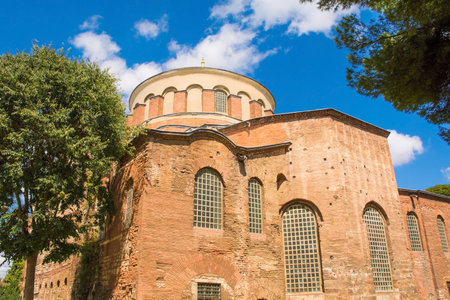 The exterior of the sixth century Hagia Eirene, also called Hagia Irene and Aya Irini, a Greek Eastern Orthodox church located in the outer courtyard of TopkapÄ± Palace, Istanbul, Turkeyのeditorial素材