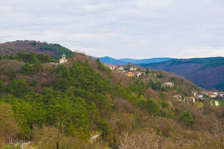 The view from the historic hill village of Stanjel in the Komen municipality of Primorska, south west Slovenia.の写真素材