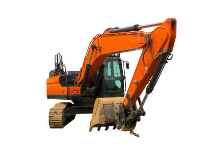 A crawler excavator with a rotating house platform and continuous caterpillar track isolated on a...