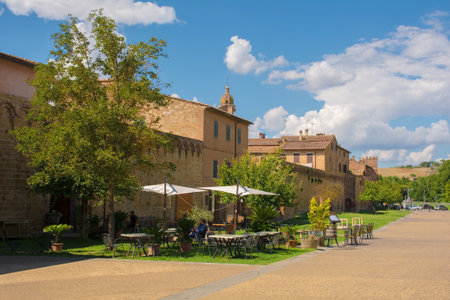 Buonconvento, Italy - September 3rd 2020. A outdoor restaurant bar outside the city walls of the historic medieval village of Buonconvento in Siena Province, Tuscanyのeditorial素材