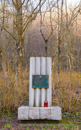 Breginj, Slovenia - December 8th 2018. A commemorative memorial outside the village of Kred near Breginjin Primorska, Slovenia, commemorating those who died during the second world warのeditorial素材