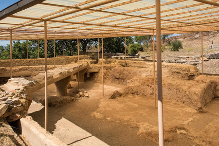 Grosseto, Italy - September 4th 2020. Etruscan ruins in Roselle or Rusellae, an ancient Etruscan and Roman city in Tuscany. These 7th century BC remains were unearthed under the later Roman Forum and are attributable to the Etruscan Orientalizing Period. のeditorial素材