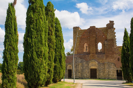 Chiusdino, Italy - 7th September 2020. The remains of the roofless San Galgano Abbey in Siena Province, Tuscany. The  Gothic 13th-century Abbey was founded as a Cistercian Monasteryのeditorial素材