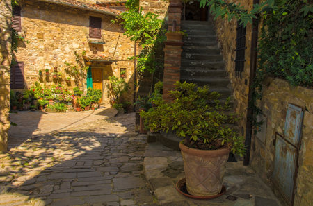 Residential buildings in the historic medieval village of Montefioralle near Greve in Chianti in Florence province, Tuscany, Italyの写真素材