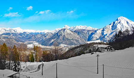 The winter alpine landscape near Pozzis in Udine Province, Friuli-Venezia Giulia in north east Italyの写真素材