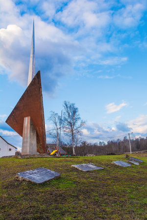 Slabinja, Croatia - January 2nd 2019. Monument to fallen fighters and victims of fascism from Slabinja in the Sisak-Moslavina County, central Croatia - a Yugoslavia era world war two memorialのeditorial素材