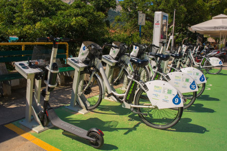 Baska, Croatia - 4th September 2021. A bike share scheme in historic coastal town of Baska on Krk...