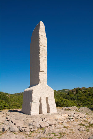 Baska, Croatia - 4th September 2021. Part of the Baska Valley Glagolitic Alphabet Trail, the oldest known Slavic alphabet dating from the 9th century. This 6 metre high representation of the letter A is located at the Treskavac Pass Panoramic Viewpointのeditorial素材