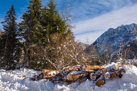 The snowy mid-December landscape near Erto in Pordenone province, Friuli-Venezia Giulia, north east...