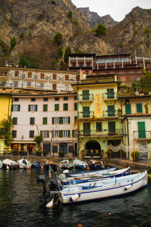 Limone sul Garda, Italy - December 24th 2021. The waterfront of the Italian town of Limone sul Garda on the north east shore of Lake Garda in the Lombardy regionのeditorial素材