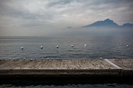 Winter at Lake Garda, seen from Torri del Benaco in Verona Province, Veneto, north east Italyの写真素材