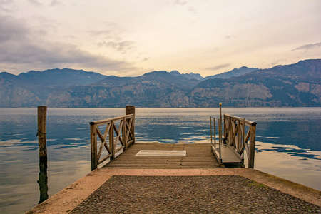 Winter at Lake Garda, seen from Malcesine in Verona Province, Veneto, north east Italyの写真素材
