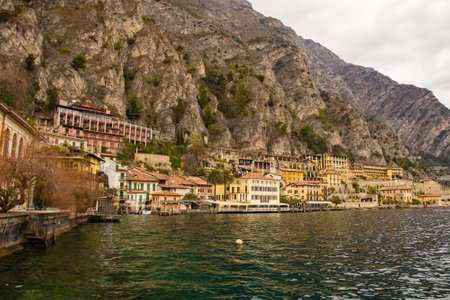 The north east Italy town of Limone sul Garda on the shore of Lake Garda in the Lombardy region of Italyの写真素材