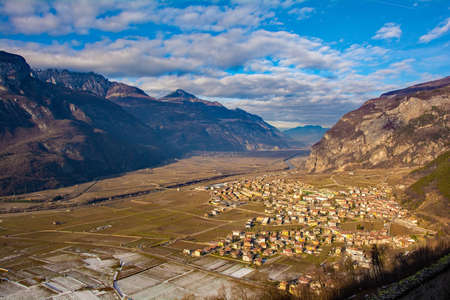 December landscape in Lagarina Valley in Trentino, north east Italy, showing Besenello and the River...