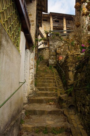 A residential street in Poffabro, an historic medieval village in the Val Colvera valley in Pordenone province, Friuli-Venezia Giulia, north east Italyのeditorial素材