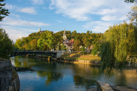Hradecky Bridge - or Hradeckega Most - in Ljubljana, central Slovenia. One of the first hinged bridges in the world and the only preserved cast iron bridge in Sloveniaの写真素材