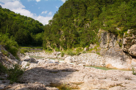 The Torrente Aupa river in the Moggio Udinese municipality of Udine province, Friuli-Venezia Giulia, north east Italy. Julyの写真素材