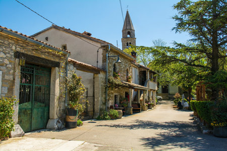 A street of houses and a bar in the historic little medieval village of Roc near Buzet in Istria, western Croatia. The tower of the Parish Church of St Barthol is in the backgroundの写真素材