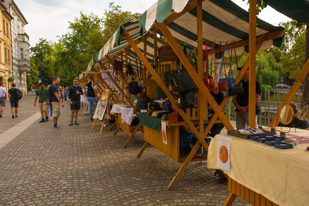 Ljubljana, Slovenia - September 3rd 2022. A street market in a pedestrianised road in the centre of Ljubljana, Sloveniaのeditorial素材