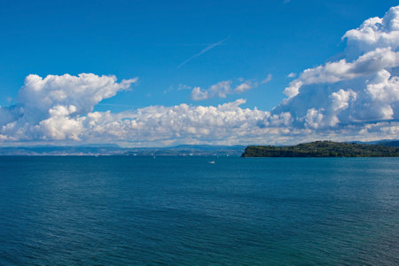 The Gulf of Trieste viewed from Piran on the Slovenian coast, mid Septemberの写真素材