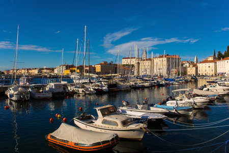 Piran, Slovenia - September 17th 2022. The harbour in the historic town of Piran in Sloveniaのeditorial素材