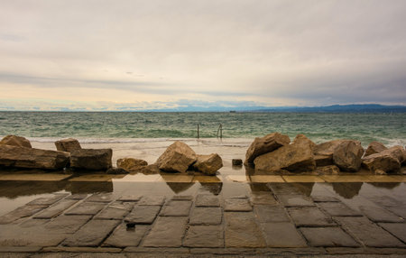 High water on the waterfront of Piran town in Slovenia in mid Septemberの写真素材