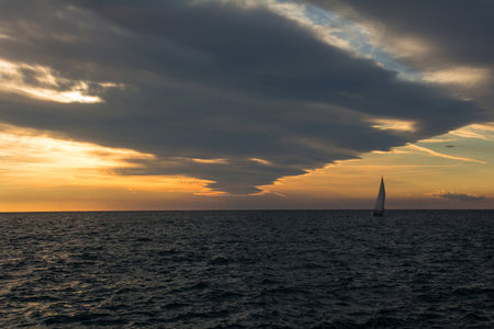 A beautiful sunset on the waterfront of Piran town in Slovenia in mid Septemberの写真素材