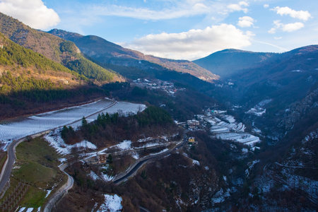 December landscape in Lagarina Valley in near Besenello in Trentino, north east Italyの写真素材