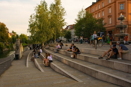 Ljubljana, Slovenia - September 3rd 2022. The waterfront of the Ljubljanici River in central Ljubljana, Sloveniaのeditorial素材