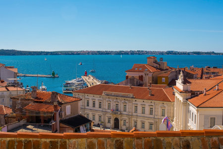 Piran, Slovenia - September 18th 2022. A view of the Town Hall in Tartini Square in the old medieval centre of Piran on the coast of Sloveniaのeditorial素材