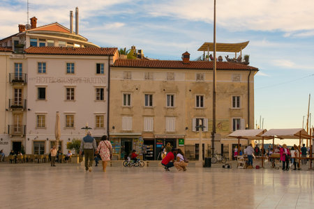 Piran, Slovenia - September 18th 2022. The historic Tartini Square, Tartinijev Trg, in the centre of old town Piran on the Slovenian coastのeditorial素材